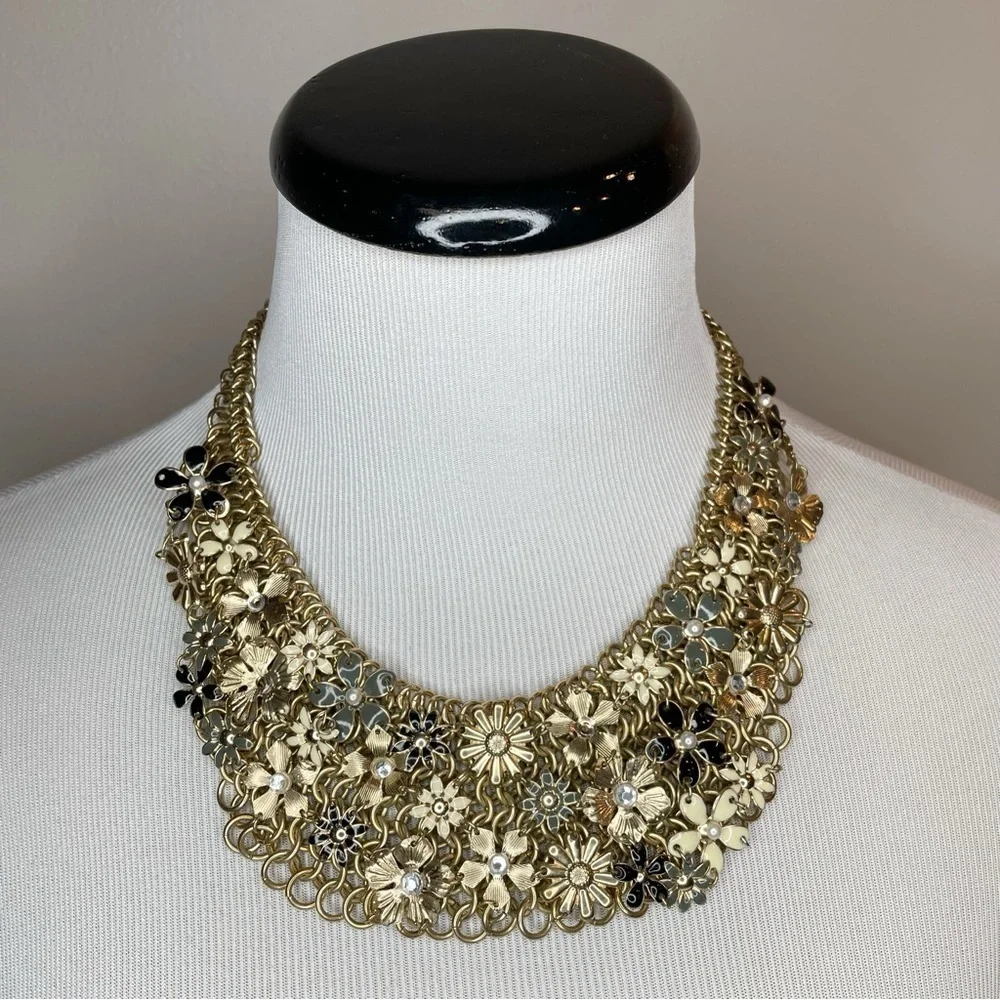 Gold Tone Floral Bib Necklace with Blue and Grey Accent Flowers - Picture 1 of 5